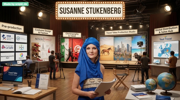 Bild von Susanne Stukenberg als Filmregisseurin vor ihrem Lebenswerk mit KI erstellt